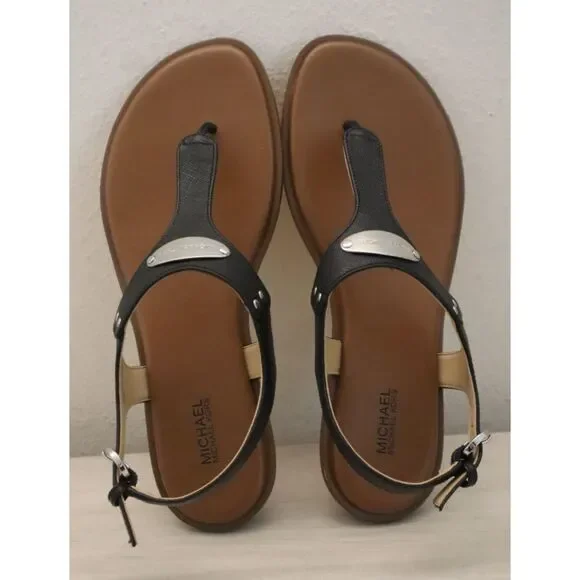 Michael Kors Women's Sz 8.5M Black Saffiano Leather MK Plate Thong Sandals - Picture 2 of 14